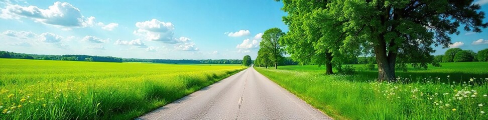 Obraz premium Serene country road vanishing into the distance, lined with lush greenery under a bright blue sky Perfect for travel, nature, and idyllic themes , lane, day