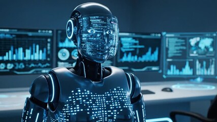 Futuristic humanoid robot with illuminated circuitry processes complex data in an an advanced control room, showcasing the evolution of artificial intelligence and digital innovation - Powered by Adobe