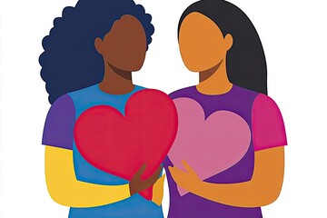 Fototapeta premium Two women hold colorful hearts, symbolizing love and friendship in a vibrant, stylized illustration.