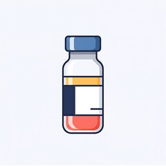Fototapeta premium A medical vial containing a pink liquid, sealed with a blue cap and a white label with blue and yellow accents.