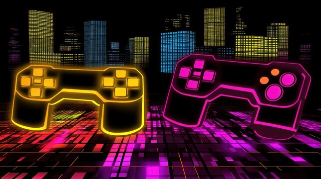 Neon Gamepads against Urban Skyline: A Vibrant Digital Gaming Landscape Depiction