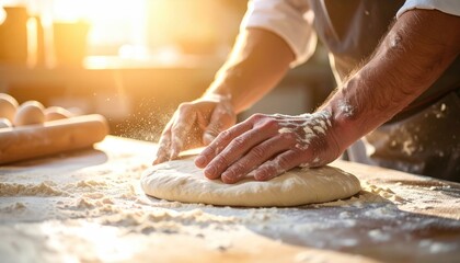 Close-up of hands kneading dough, sprinkled with flour, on a wooden surface, with eggs and a rolling pin blurred in the background, bathed in warm sunlight