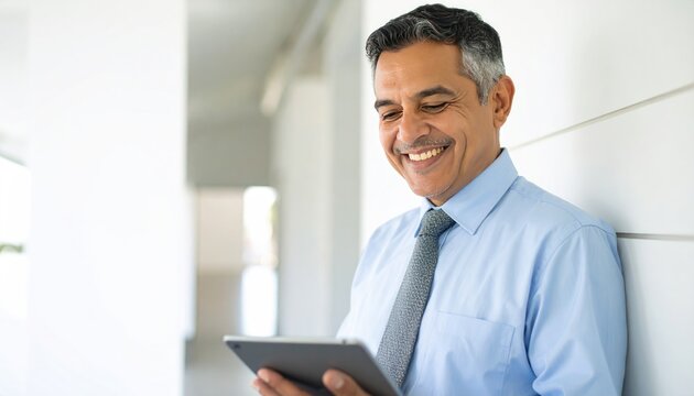 Smiling middle-aged man, grey hair, blue shirt with tie, holds tablet, looking down. Bright, neutral interior backdrop with corridor