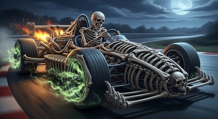 Skeleton Driving Detailed Bone Race Car on Dark Night Track with Fiery and Green Smoke Effects