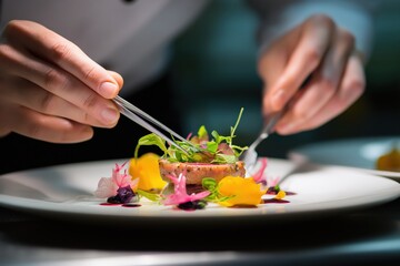 Chef plating a gourmet dish on a white plate