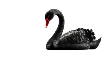 Fototapeta premium Elegant black swan with vibrant red beak gracefully glides in serene stillness