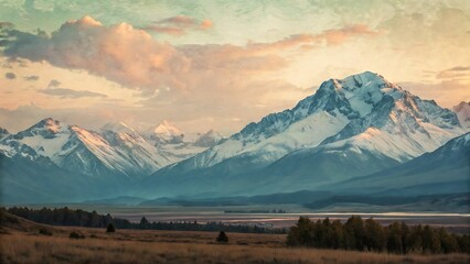 Majestic Snow- Capped Mountains at Sunrise with Golden Light peaks landscape
