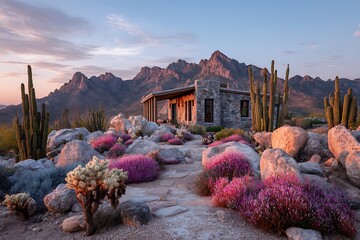 A serene desert sunset illuminating a modern adobe house amidst vibrant cacti and mountains.
