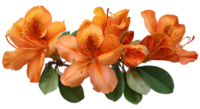 Close-up of three vibrant, orange azaleas with dark-orange centers.  Delicate green leaves