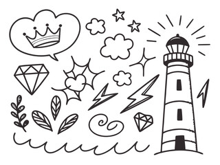 Fototapeta premium Lighthouse and doodle elements on white background