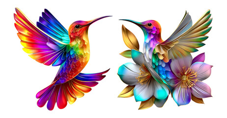 Obraz premium Colorful Hummingbirds with Flowers in Vibrant Artistic Style on Transparent Background