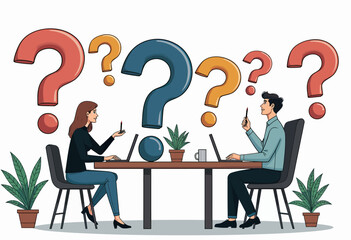 A modern and collaborative office scene with diverse colleagues brainstorming and problem-solving, surrounded by colorful question marks symbolizing creative ideas.
