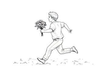 Obraz premium A romantic and charming black and white line art drawing of a young boy running with a bouquet of flowers, capturing a sweet and innocent gesture of love. 