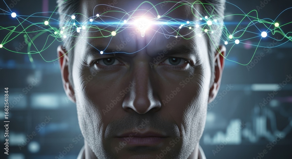 Poster a man with glowing lines connecting to his brain, representing artificial intelligence and the power