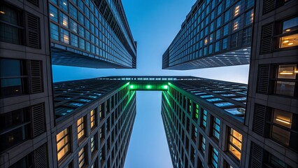 Modern Architectural Towers Connected by a Green Illuminated Skybridge architecture building