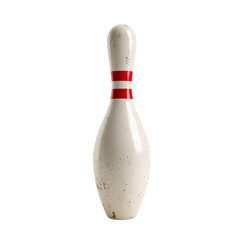Isolated vintage bowling pin with red stripes set against a stark black backdrop