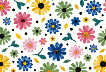 A vibrant and cheerful, seamless pattern of colorful, stylized folk art daisies, creating a beautiful and whimsical background for a modern, playful design.
