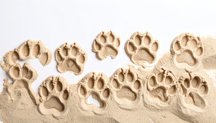 Several paw prints are pressed into sand, creating a textured pattern on a white background. The sand is a light beige color, and the prints are detailed