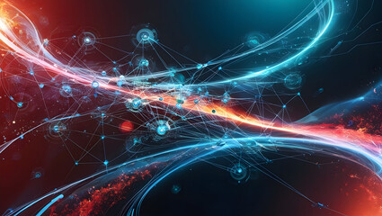 Dynamic Abstract Network of Glowing Blue and Red Light Trails and Nodes technology connection