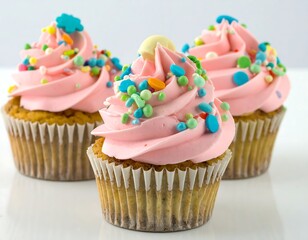 Three pink frosted cupcakes with sprinkles