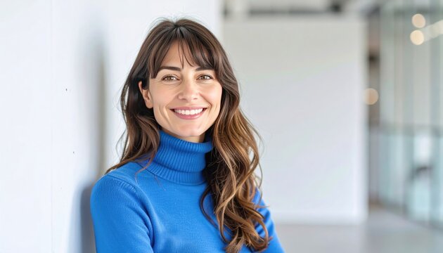 A woman with brown hair in a blue turtleneck smiles warmly against a white wall in a bright, modern office corridor setting