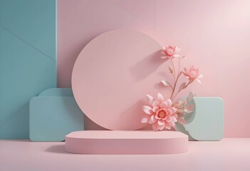 Minimalist pastel product display with floral arrangement and geometric shapes. ideal for presentation, branding or skincare beauty content