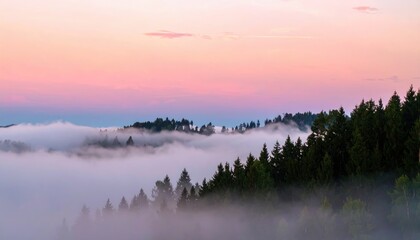 Fototapeta premium Scenic mountain vista with misty clouds rolling over a dense green forest under a pastel pink and purple sky at dusk