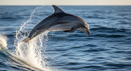 Fototapeta premium Dolphin Leaping Gracefully Above Blue Ocean Water in Bright Natural Light