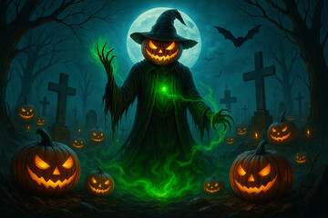 AI generated dark halloween fantasy scene with pumpkin witch glowing orange eyes green magic power full moon graveyard bats jack o lanterns eerie mist and haunted spooky atmosphere