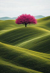 A solitary pink tree stands on rolling green hills under a bright sky view