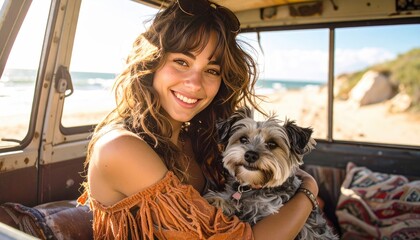 Smiling woman with long hair holds a fluffy dog inside a weathered van, with a sunny beach and ocean visible through the open back door