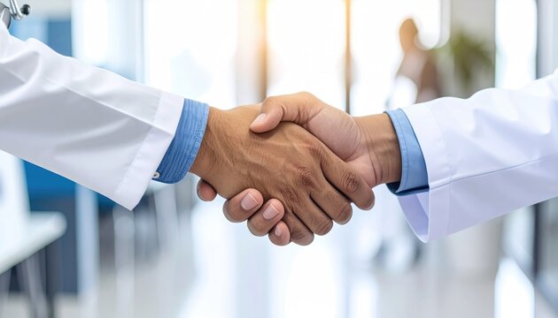 Close-up of a handshake between two individuals wearing white coats in a brightly lit, neutral-toned indoor space, blurred in the background