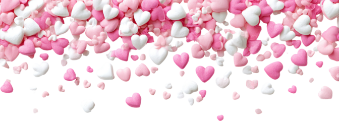 Pink and white heart-shaped sprinkles on a black background