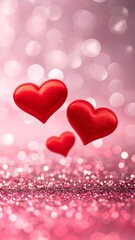 Three red hearts float above glitter