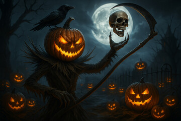 Fototapeta premium AI generated dark Halloween night with pumpkin head scarecrow glowing jack o lanterns skull crow moon twisted trees and gothic atmosphere creepy fantasy scene