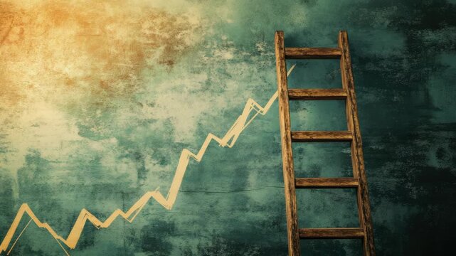 Graph showing upward trend next to wooden ladder symbolizing growth and success