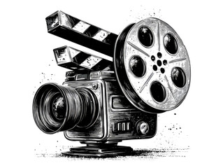 Vintage film camera, movie clapperboard, and film reel