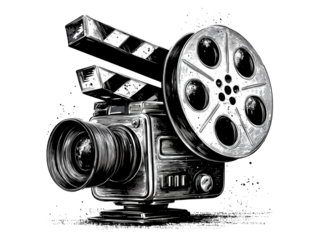 Vintage film camera, movie clapperboard, and film reel