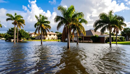 Obraz premium A flooded suburban neighborhood with palm trees partially submerged in water reflects the sunlit sky. 