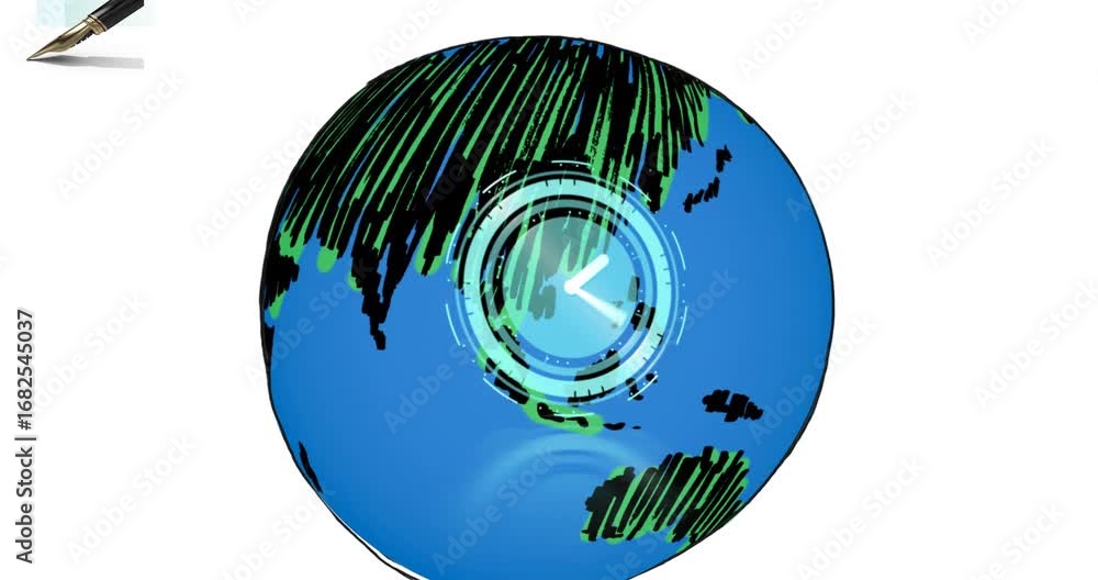 Poster animation of globe and clock over white background