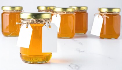 Seven glass jars filled with golden liquid, sealed with gold lids and blank labels on a marbled surface, creating a clean, simple, and natural aesthetic