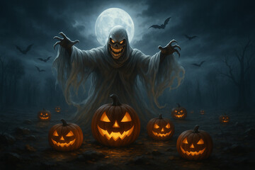 AI generated spooky Halloween fantasy scene with terrifying ghost jack o lanterns glowing pumpkins full moon flying bats eerie night atmosphere and supernatural horror mood