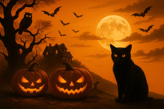 AI generated spooky Halloween scene with black cat glowing pumpkins haunted house and full moon in orange night sky creating a mysterious and eerie fantasy atmosphere - Powered by Adobe