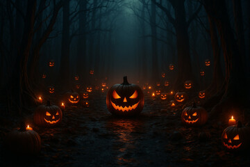Fototapeta premium AI generated gothic Halloween forest with glowing jack o lanterns eerie mist twisted trees and dark path creating spooky mysterious and dramatic atmosphere perfect for fantasy themes