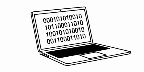 Conceptual illustration of a laptop displaying binary code, representing data, technology, and digital information processing in a clean, minimalist style