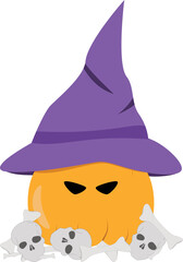 A whimsical Halloween pumpkin wearing a witch hat, surrounded by skulls, set against a clean background. This vector illustration captures the spooky and playful spirit of Halloween