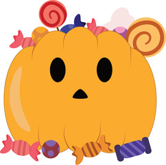 An illustration of a cute pumpkin decorated with assorted candies, perfect for the Halloween season