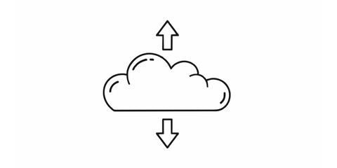 Minimalist outline icon illustrating cloud computing technology with arrows indicating data transfer, uploading, and downloading