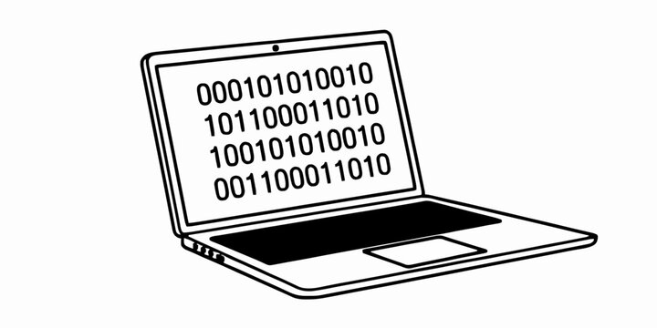 Conceptual illustration of a laptop displaying binary code, representing data, technology, and digital information processing in a clean, minimalist style