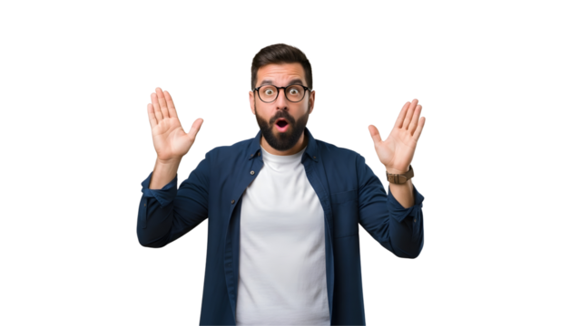 Man with Beard and Glasses Expressing Surprise with Open Mouth and Raised Hands isolated transparent background 